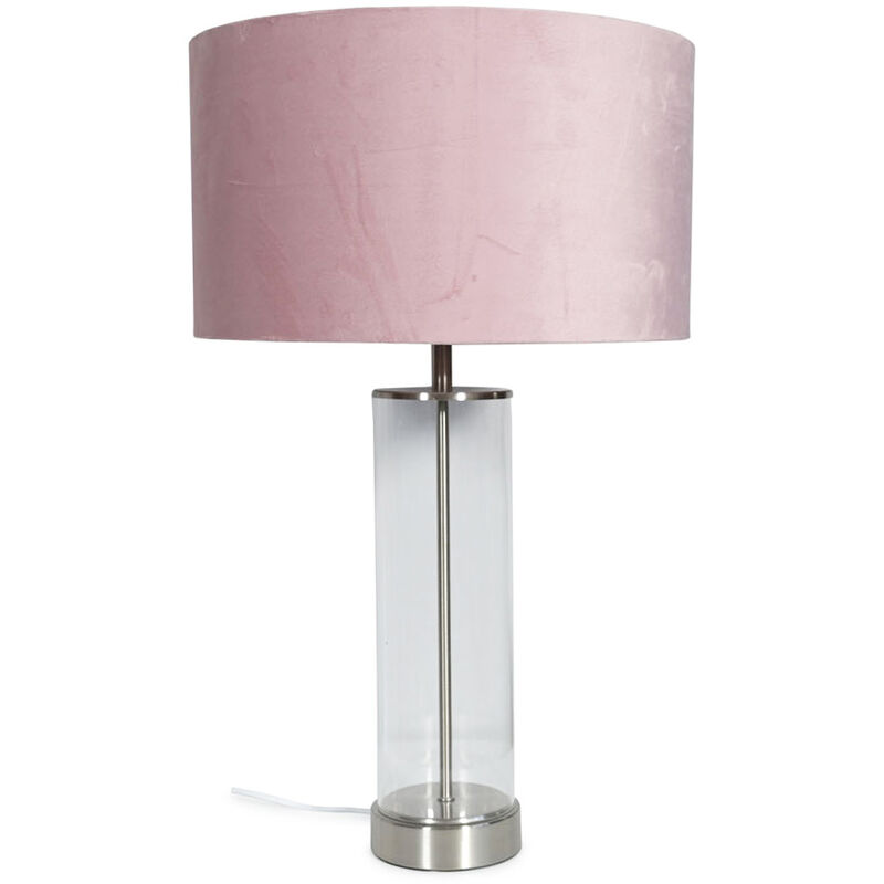 Clear Tube Table Lamp Chrome Light Velvet Drum Shade Living Room Bedroom Bedside - Blush + led Bulb