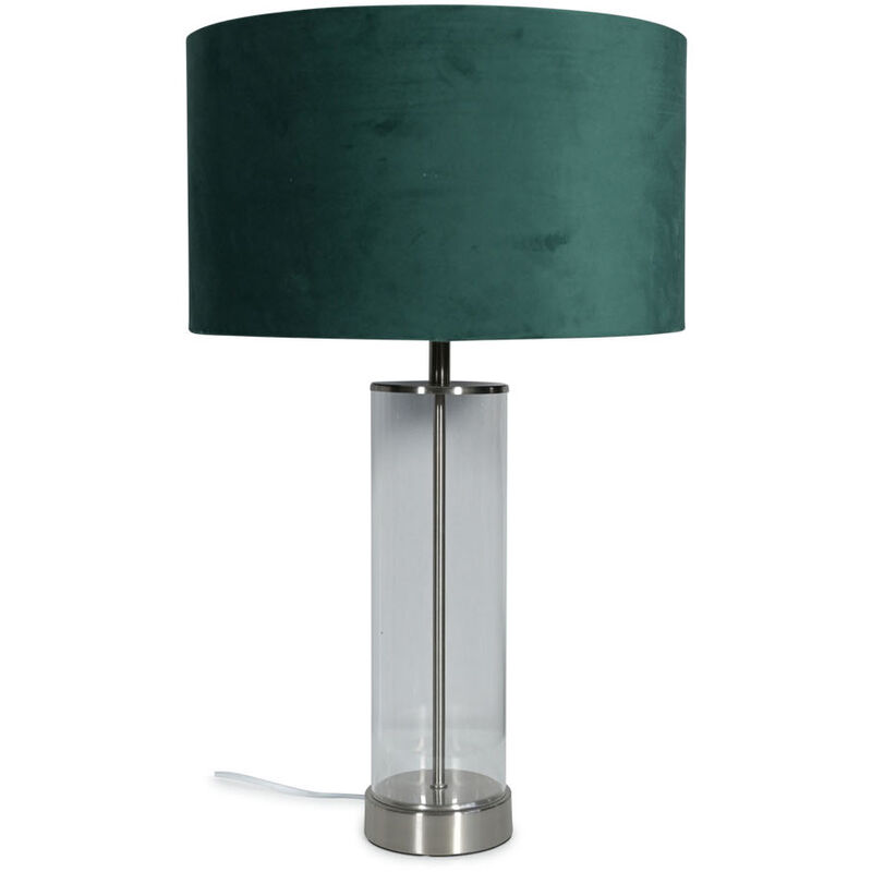 Clear Tube Table Lamp Chrome Light Velvet Drum Shade Living Room Bedroom Bedside - Forest Green + led Bulb