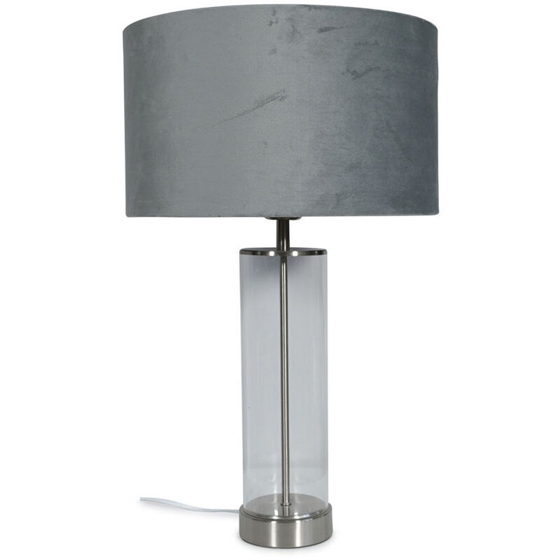 Clear Tube Table Lamp Chrome Light Velvet Drum Shade Living Room Bedroom Bedside - Grey + led Bulb