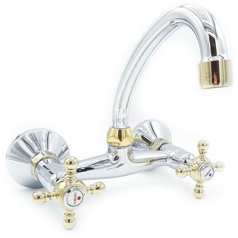Chrome/Gold Colour 'F' Spout Type Finishing Kitchen Tap Wall Faucet Cross Head
