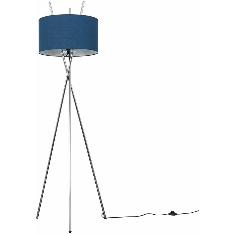 Crawford Tripod Floor Lamp in Chrome with Large Reni Shade - Navy Blue - Including LED Bulb