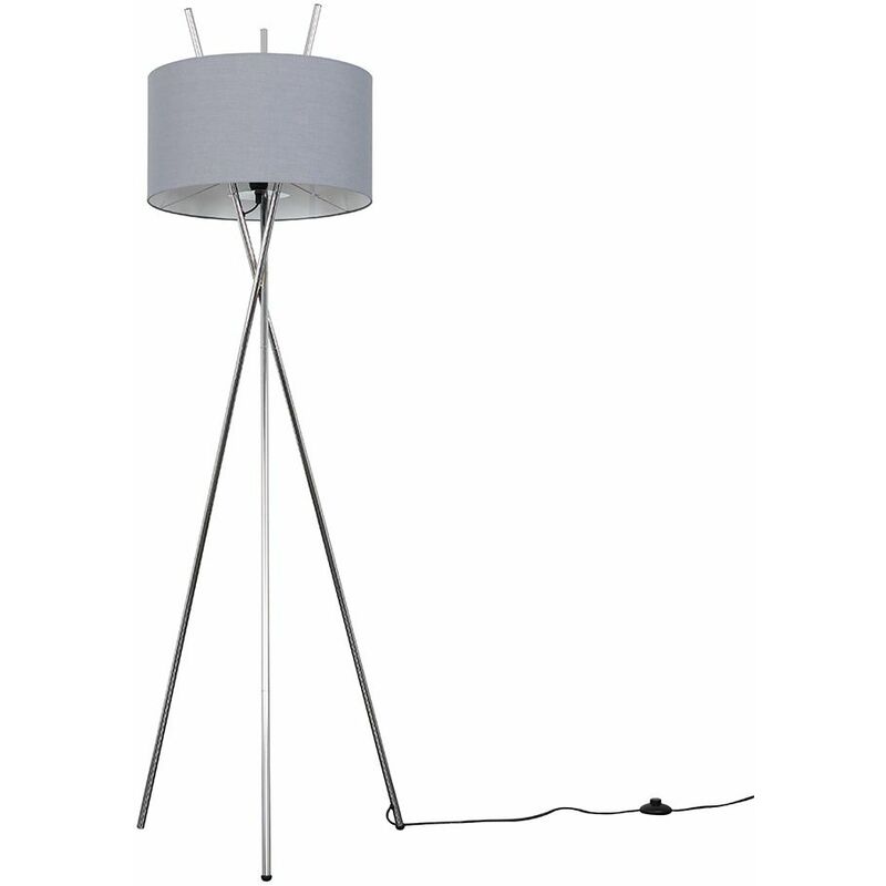 Minisun - Crawford Tripod Floor Lamp in Chrome with Large Reni Shade - Dark Grey - Including LED Bulb