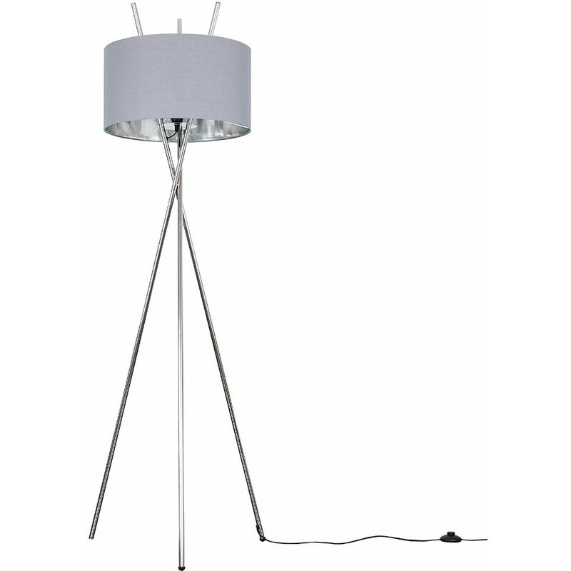 Minisun - Crawford Tripod Floor Lamp in Chrome with Large Reni Shade - Grey & Chrome - Including LED Bulb