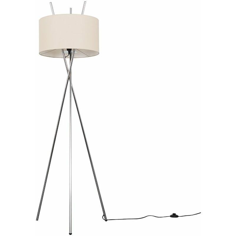 Minisun - Crawford Tripod Floor Lamp in Chrome with Large Reni Shade - Beige - Including LED Bulb