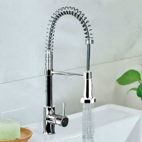 Chrome Monobloc Kitchen Sink Mixer Tap Swivel and Spring Spout Pull Out Hose Spray Single Lever Swan Neck Faucet