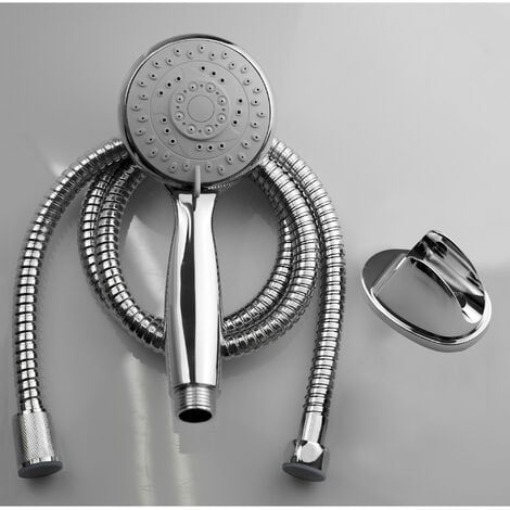 FNX BATHROOMS Chrome Multi Function Shower Head Handset with Flexible Hose and Wall Bracket Holder