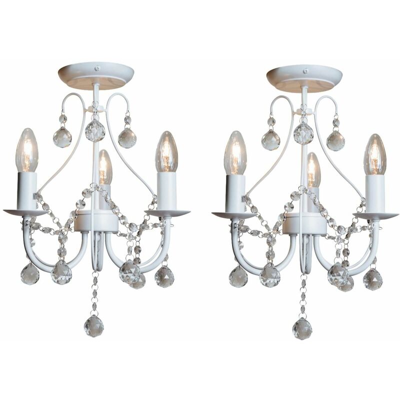 First Choice Lighting - Pair of White 3 Light Crystal Chandeliers