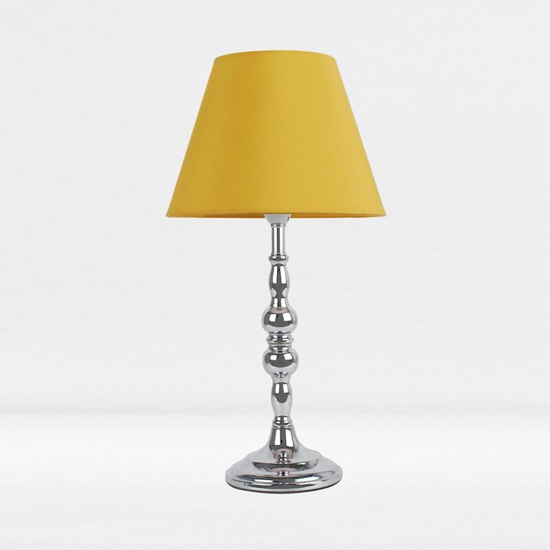 First Choice Lighting - Chrome Plated Bedside Table Light With Candle Column Ochre Fabric Shade - Polished Chrome Plate And Textured Ochre Cotton