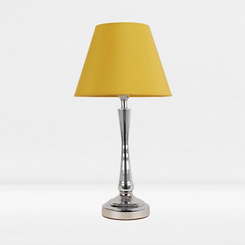 Chrome Plated Bedside Table Light with Detailed Column and Ochre Fabric Shade