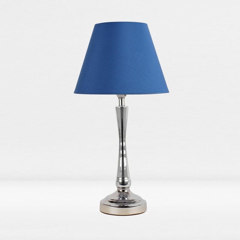Chrome Plated Bedside Table Light with Detailed Column and Blue Fabric Shade