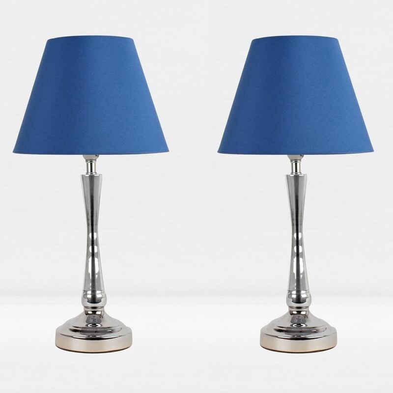 Set of 2 Chrome Plated Bedside Table Light with Detailed Column and Blue Fabric Shade
