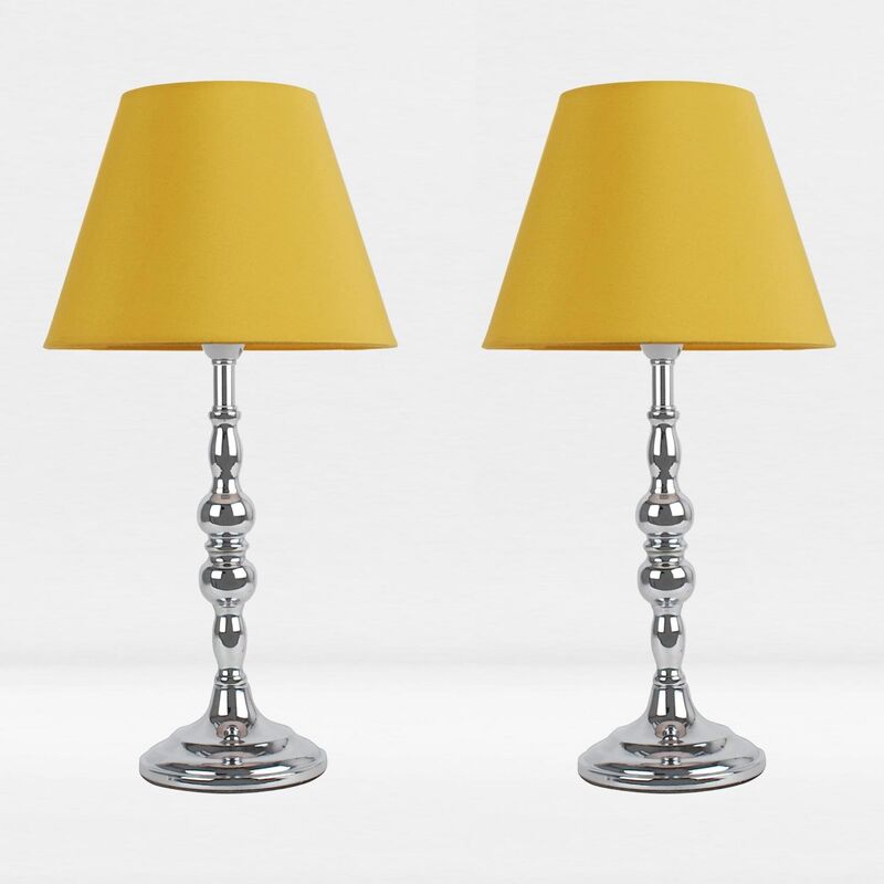 Set of 2 Chrome Plated Bedside Table Light with Detailed Column and Ochre Fabric Shade