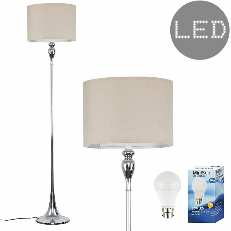 Minisun - Spindle Floor Lamp in Chrome With 10W LED GLS Bulb - Beige