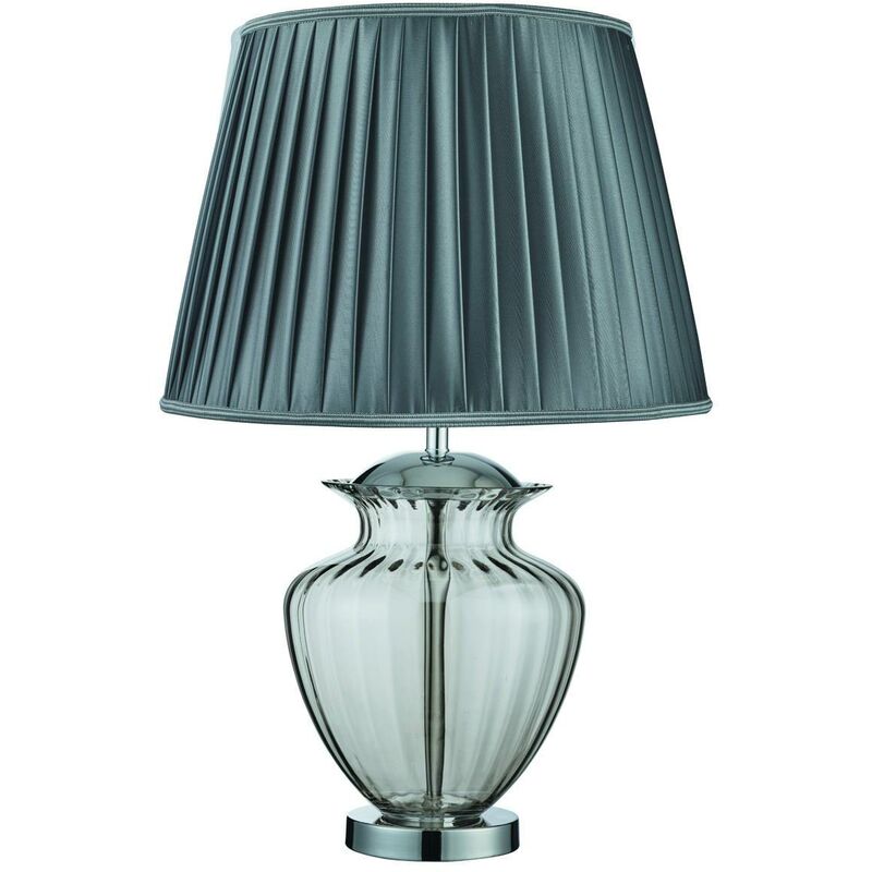 Searchlight Elina - 1 Light Table Lamp Chrome, Smoked and Glass with Grey Pleated Shade, E27