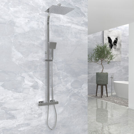 Chrome Thermostatic Shower Mixer Set Square Shower Kit 10 Inch Stainless Steel Overhead Shower Brass 38°C Thermostatic Valve