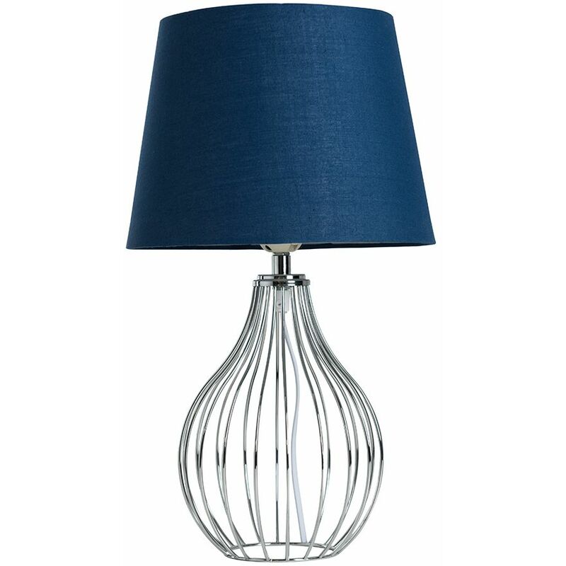 Chrome Wire Basket Table Lamp + Navy Blue Shade - A8301