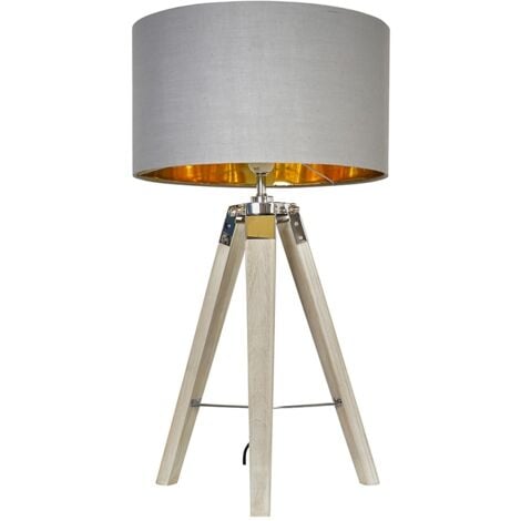 Chrome & Wood Tripod Table Lamp With Large Drum Shade & LED Bulb - Blue - Brown