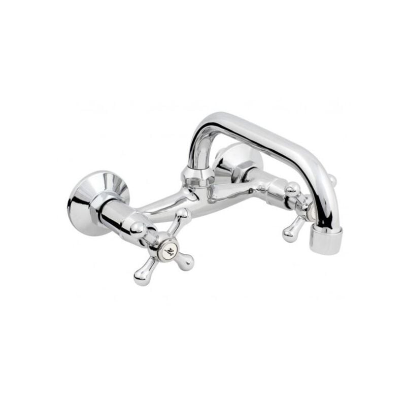 Chromed Brass Wall Mounted Mixer Faucet 20cm C-type Spout Tap with Retro Heads