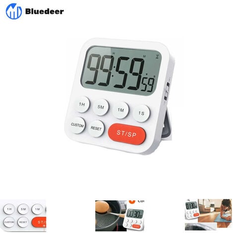 Chronomètre magnétique Minuteur de cuisine numérique avec horloge, aimant, volume à 3 niveaux, écran LCD pour la cuisine, le sport et l'apprentissage, y compris 2 piles AAA
