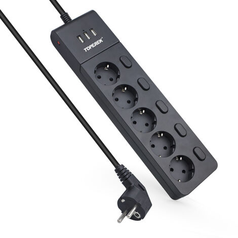 Ciabatta elettrica TOPEREK EU con USB, 10A 2500W, cavo da 2 m, PC V-0, protezione da sovraccarico, uso domestico