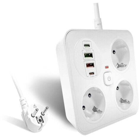 Ciabatta multipresa a 3 prese con 2 porte USB-A e 2 porte USB-C, adattatore per spina con cavo di prolunga da 2 m (250 V/16 A), ciabatta multipresa per ufficio, casa (bianca)