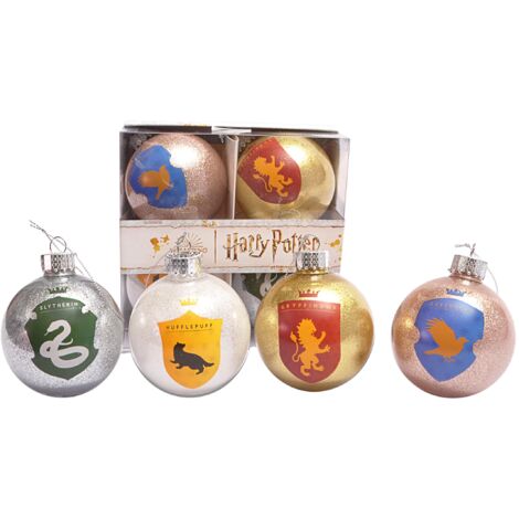 Ciao- Set 4 sfere decoupage ornamentali Harry Potter Casate Hogwarts Glitter (Ø8cm) originali Wizarding World con nastro in tessuto per albero di Natale in giftbox