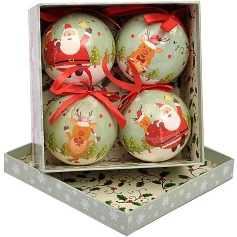 Ciao- Set 4 sfere decoupage ornamentali Santa & Reindeers (Ø7,5cm) con nastro in tessuto per albero di Natale in giftbox