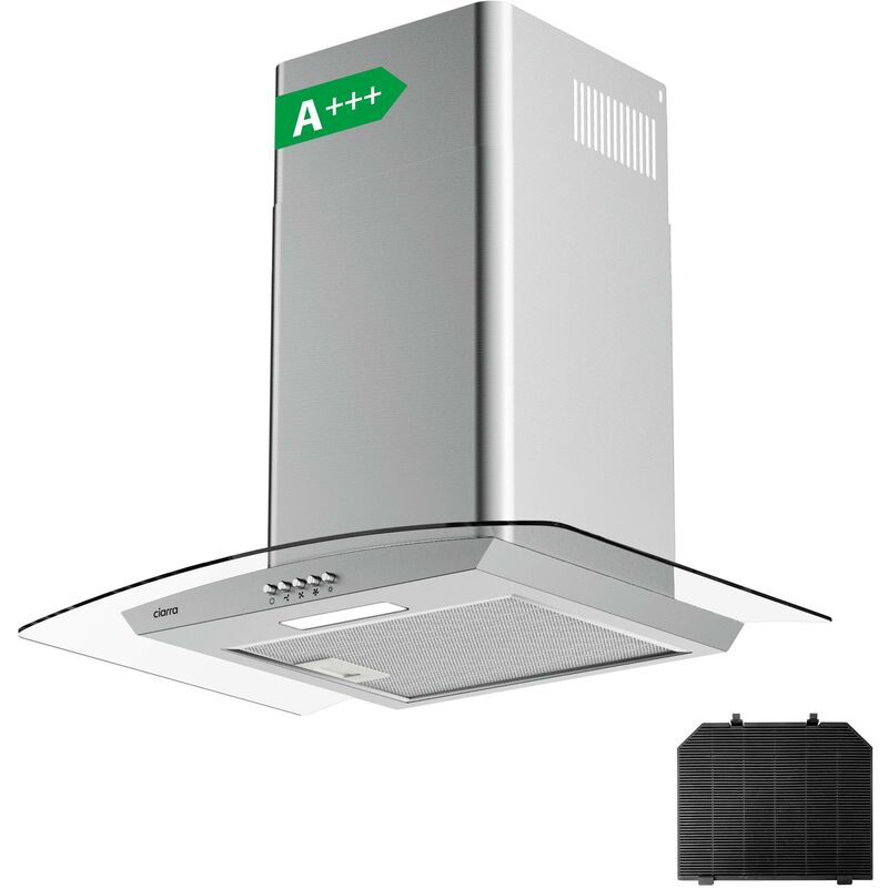 Hotte Aspirante 60cm 650 m3/h 1pcs Filtre Actif 3 Vitesses Recyclage & Evacuation Verre & Inox - 506SS60 - Ciarra