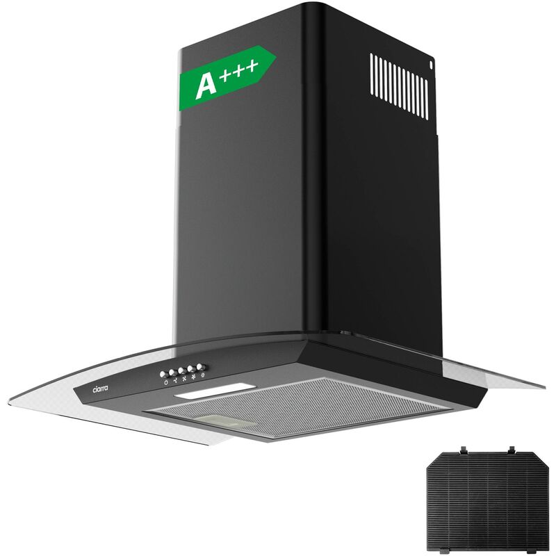 Hotte Aspirante 60cm 650 m3/h 1pcs Filtre Carbone 3 Vitesses Recyclage Ou Evacuation Verre & Noir - 506BK60 - Ciarra