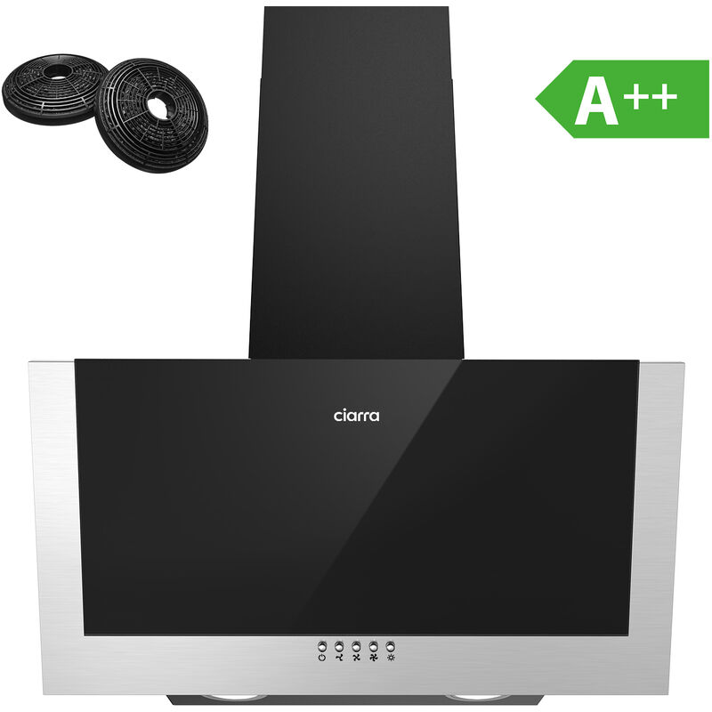 Hotte Inclinee 60cm Avec 2pcs Filtre Actif 370 m3/h 3 Vitesses Led Recyclage Ou Evacuation - Verre Noir - 736CBK60 - Ciarra