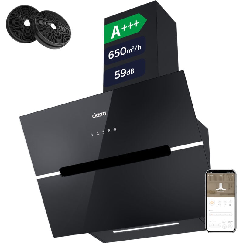 Hotte Tactile et app Contrôle 60cm 650m3/h 4 Vitesses Booster 2pcs Filtre charbon Ciarra CD6736FB