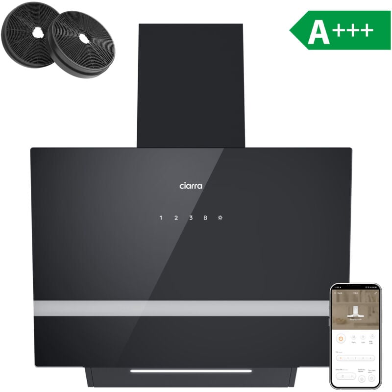 Wi-Fi Connecté Hotte Tactile 60cm 650m3/h 4 Vitesses Booster 2pcs Filtres a charbon Ciarra CD6736HB