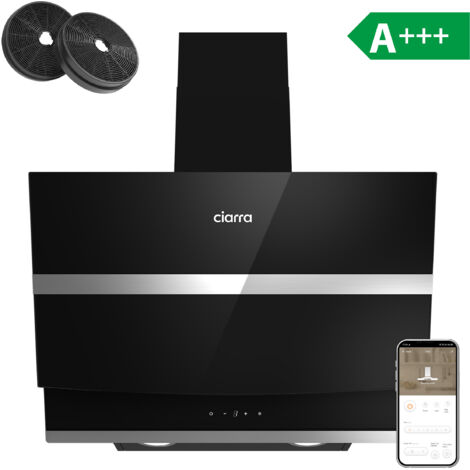 CIARRA Hotte Tactile Inclinee 60cm 650 m3/h 4 Vitesses Booster Fonction Classe A++ Verre Noir - 736NBK60