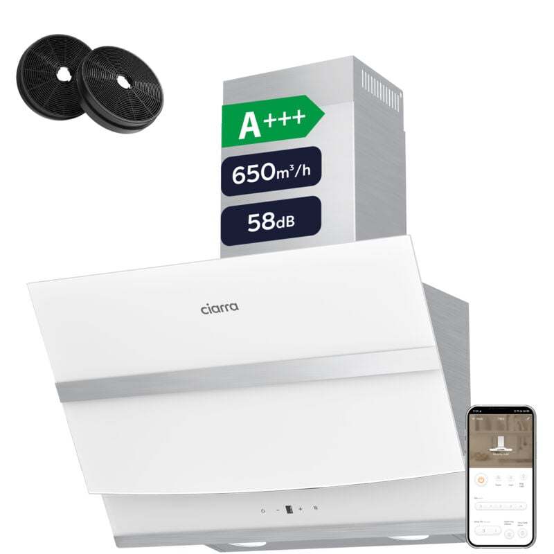 Ciarra - Smart Hotte Aspirante 60cm app Contrôle a+++ 650m3/h Booster 4 Vitesses Touche Tactile 736NWH60