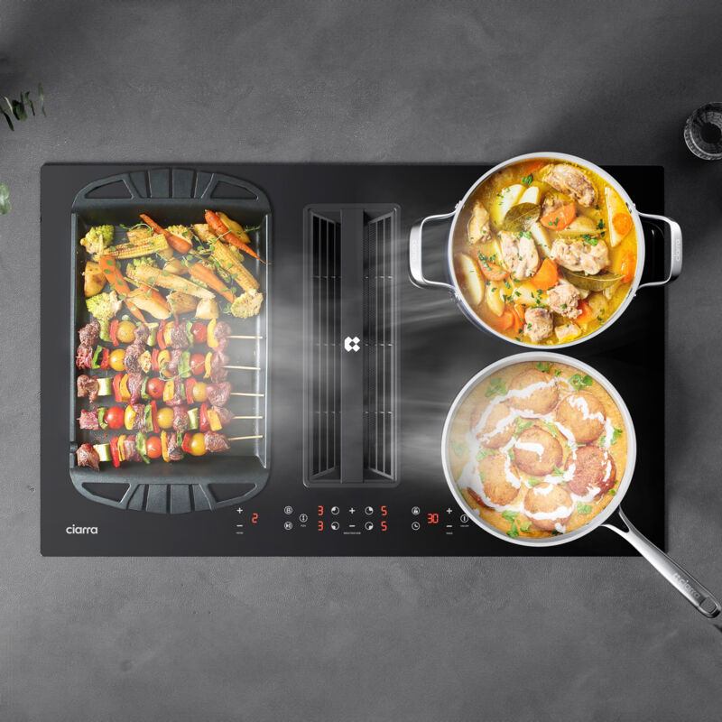 Plaque Induction Aspirante 83cm avec Hotte intégré a+ 500m3/h Plasma Filtre Booster Minuterie 4 Foyers Modulable - Ciarra