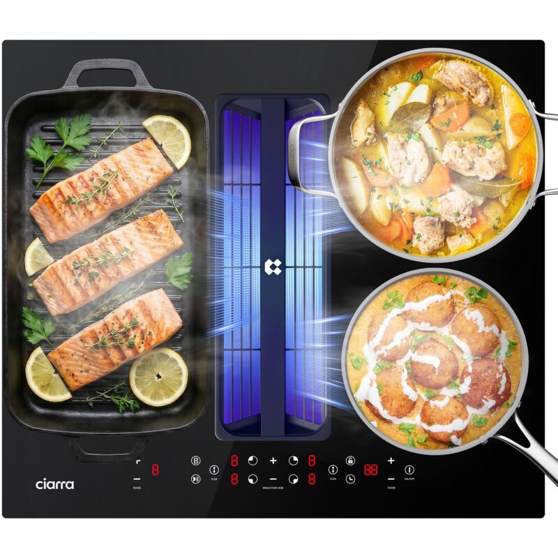 CIARRA Plaque induction avec hotte int&eacute;gr&eacute;e 500m&sup3;h 7000w 4 en 1 syst&egrave;me filtration booster noir awbeh594bbff