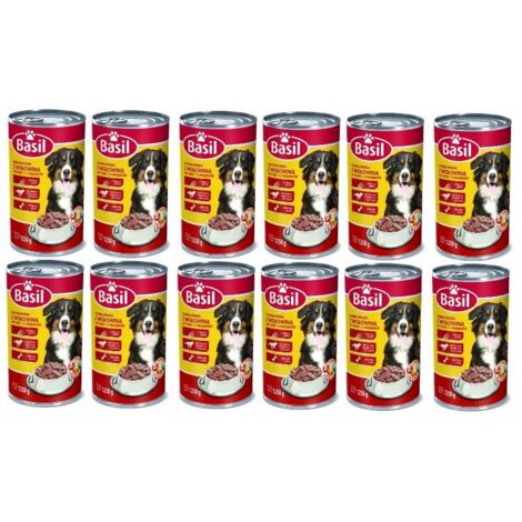 Cibo per cani Basil 1250g con manzo, lattina da 12 pezzi