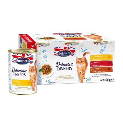 Cibo umido per gatti Butcher'S Delicious Dinners - Selezione di piatti di carne in gelatina - 24x400g (4x(6x400g))