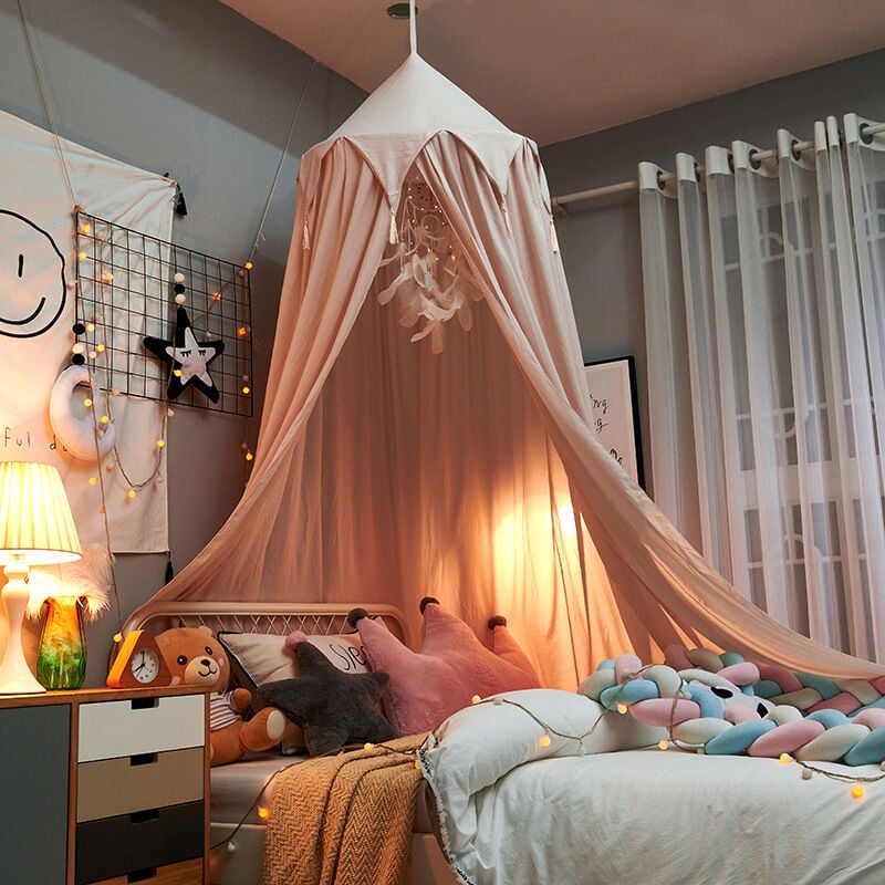 Ciel de Lit Enfant Lit à baldaquin pour bébé Tente de dôme Avec Guirlande d'étoiles Décoration pour chambre des enfants Rose