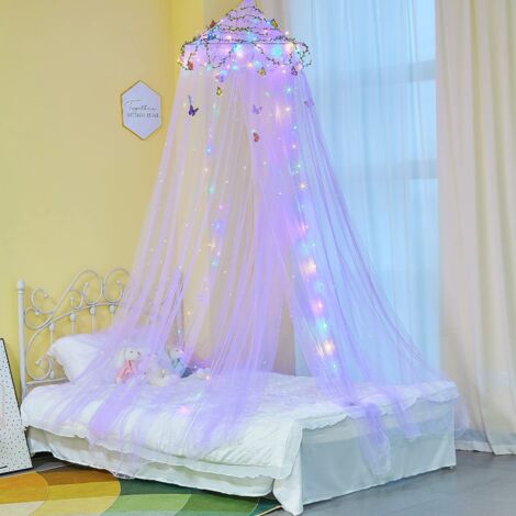 AUTRES Ciel de lit pour chambre de fille, rideaux de lit avec lumières LED, moustiquaire, décoration de chambre de princesse avec étoiles et papillons pour chambre d'enfant