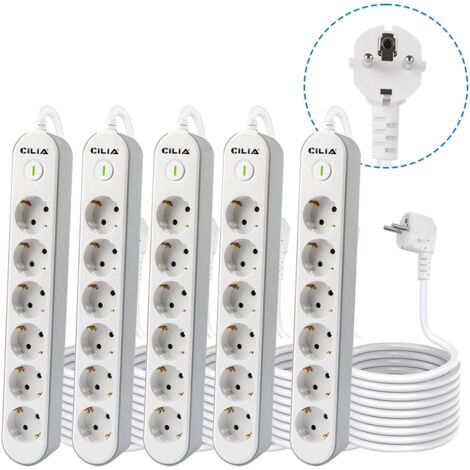 CILIA Lot de 5 Bloc 6 Prises Schuko avec Interrupteur Lumineux - Multiprise Compacte 1.5m, Puissance 3680W (16A) - Certifiée Sécurité Enfant pour Salon et Cuisine