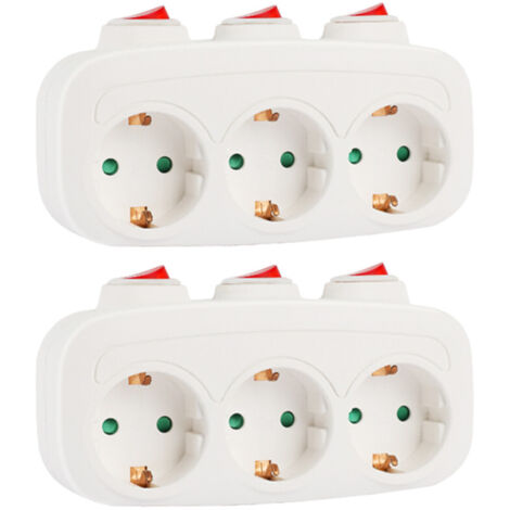 CILIA Pack de 2 Ladrón de Enchufes con 3 Interruptores Independientes, Adaptador 3 Tomas Schuko con Encendido Separado, Regleta Pared Sin Cable 16A 230V 3500W, Ahorro de Energía, Blanco