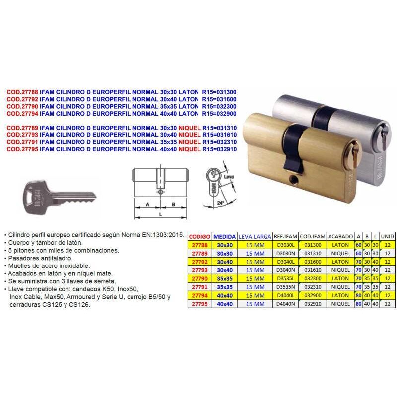 

ifam cilindro d europerfil normal 30x30 laton r15 031300 - Mibricotienda