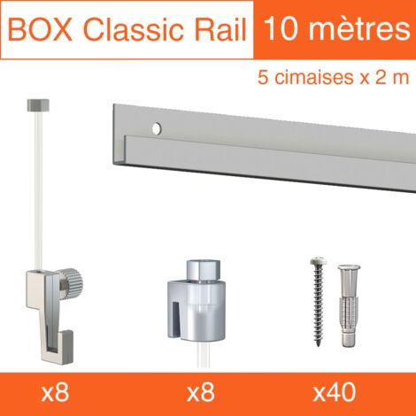 Cimaise Box Artiteq Classic ÉCO gris alu 10 mètres + fils perlon - Kit accrochage tableau - Métrage : 10 mètres - couleur : gris aluminium