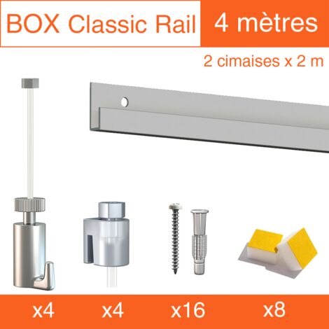 Cimaise Box Artiteq Classic PREMIUM gris alu + fil perlon 4 mètre - Kit accrochage tableau - Métrage : 4 mètres - couleur : gris aluminium
