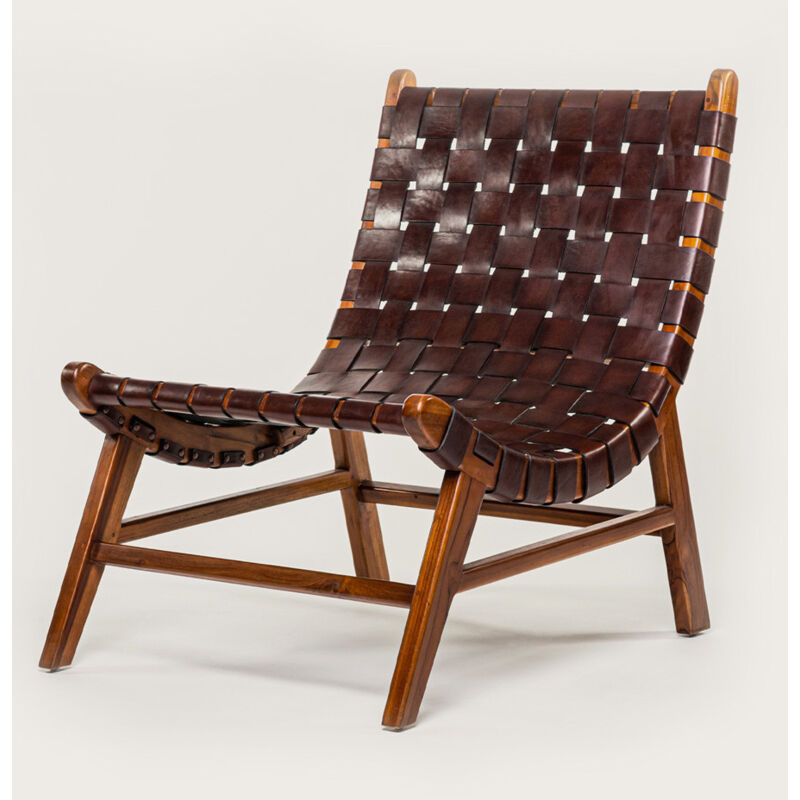 Uniqka - Cimani - Fauteuil en cuir marron tressé et teck massif - Marron
