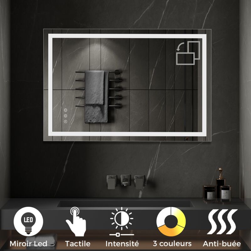 Cimeo Miroir lumineux led frontale tactile + antibuée Dimensions - 80 x 120 cm