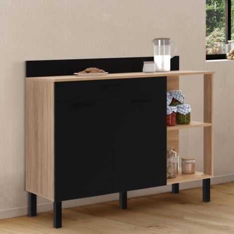 IDMARKET CINA 120 CM aparador de cocina bajo con encimera H.83 cm, 2 puertas + cajón, acabado haya y negro