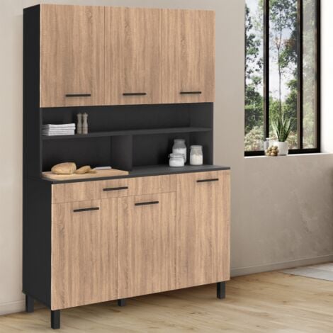 IDMARKET CINA 120 CM aparador de cocina con 6 puertas + cajón, acabado negro y haya