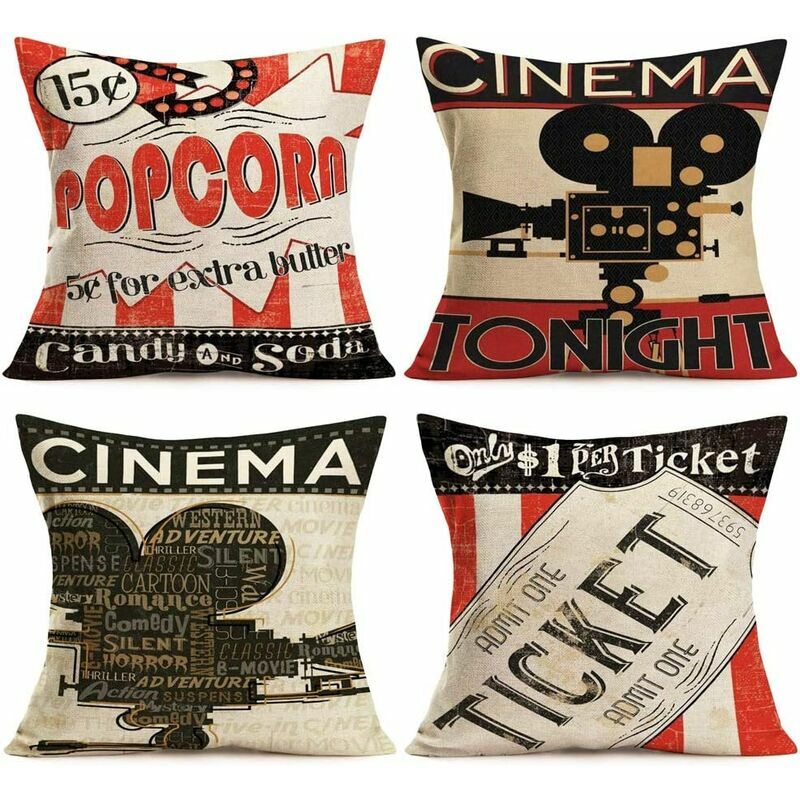 Cinema Cushion Covers Movie Tonight Quotes Custom Cushion Cover with Popcorn Drink, Movie Projector, Ticket Pattern Home Decorative Cotton Linen